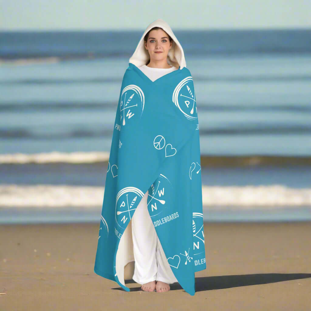 Heavy Duty Peace Love Paddleboard Hooded Sherpa Fleece Blanket