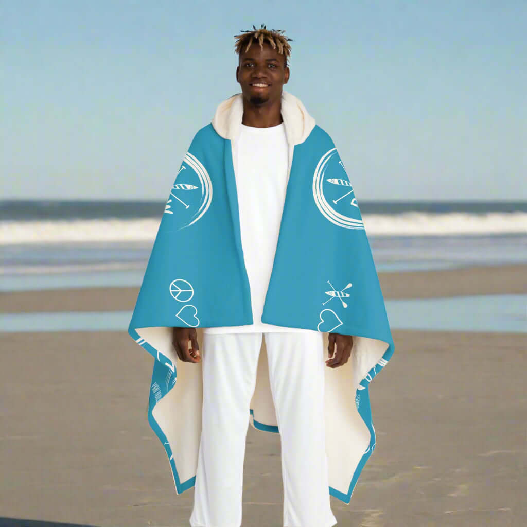 Heavy Duty Peace Love Paddleboard Hooded Sherpa Fleece Blanket