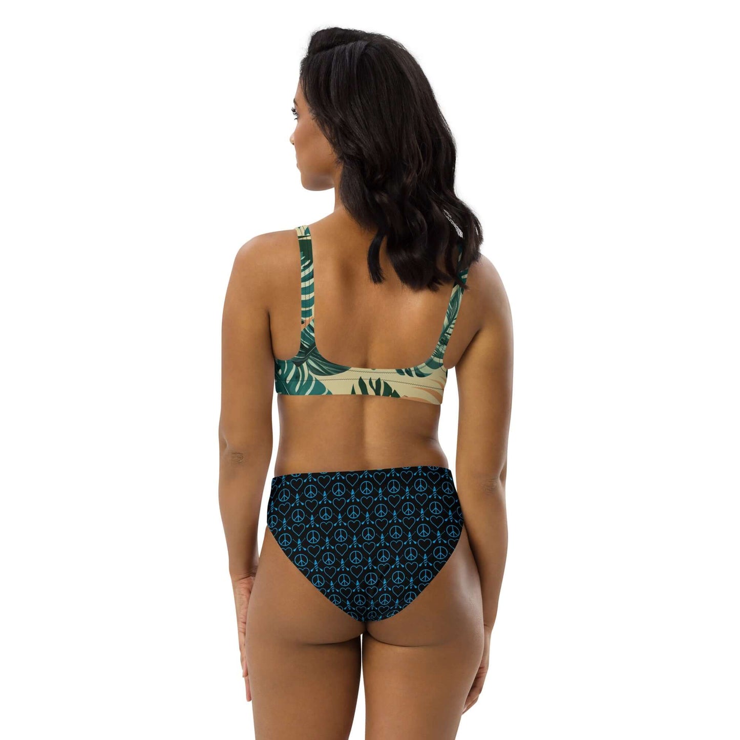 Back view of the Recycled Peace Love Paddleboard high-waisted bikini featuring tropical print and removable pads.