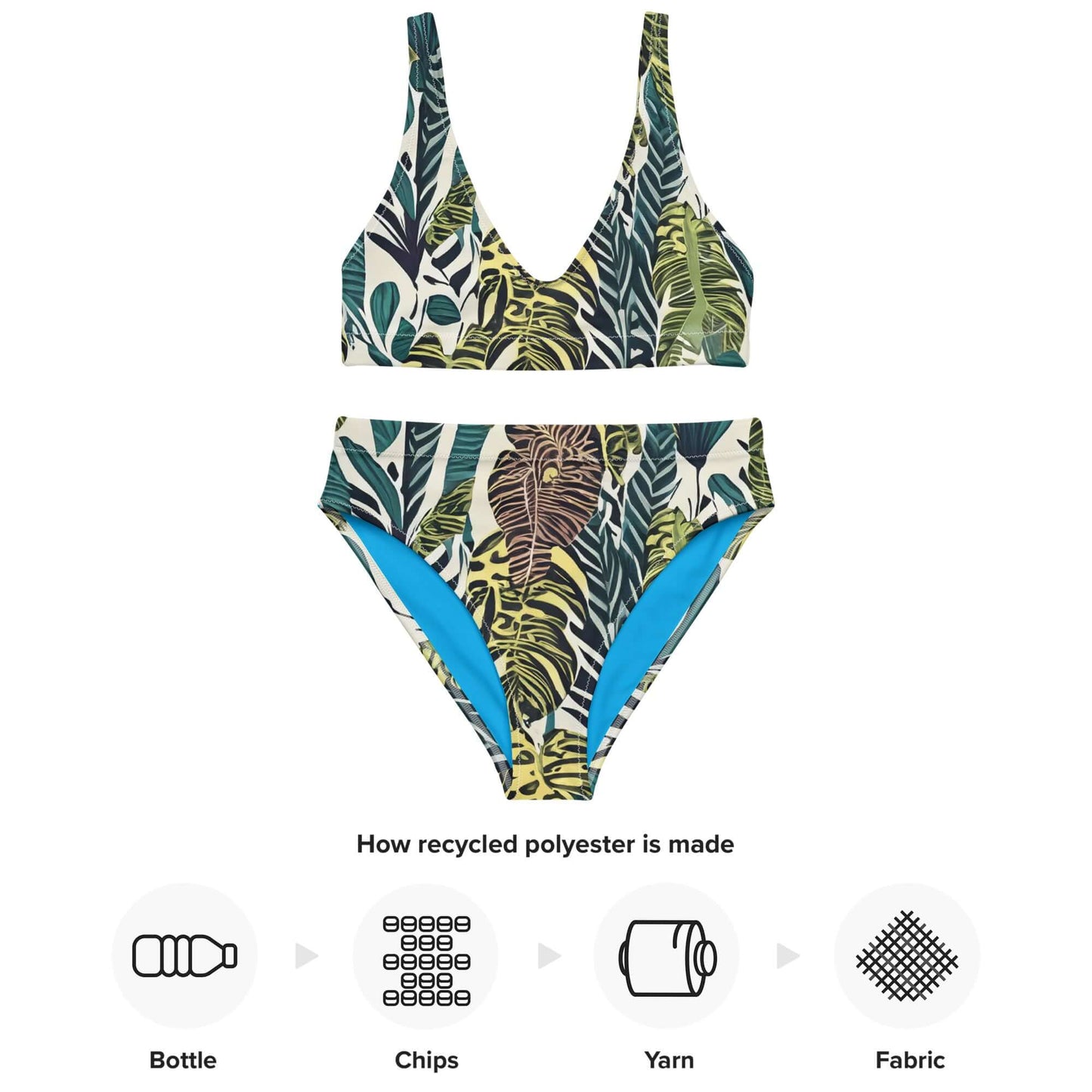 Psychedelic high-waisted bikini with tropical leaves design, showcasing eco-friendly recycled materials process.