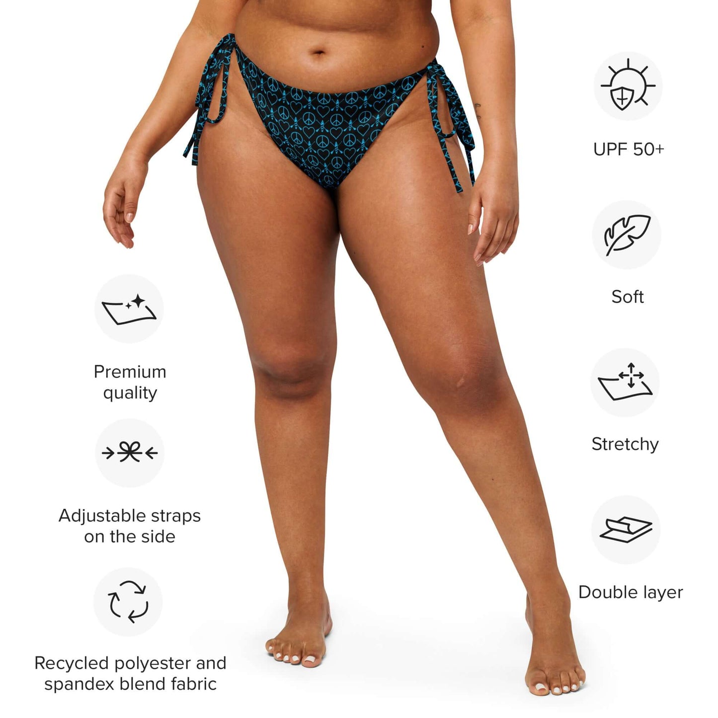 Black recycled string bikini bottom with adjustable straps, soft and stretchy fabric, featuring UPF 50+, perfect for sunbathing.