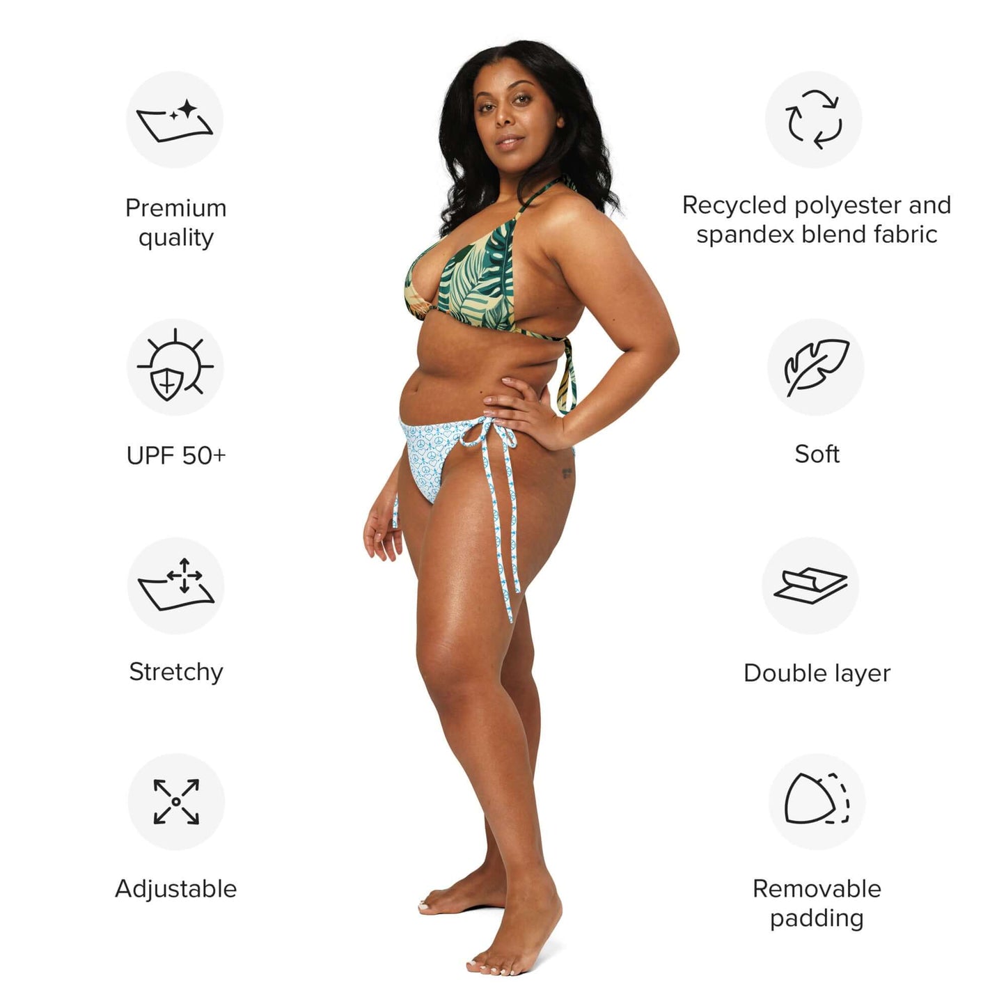Model showcasing Recycled Peace Love Paddleboard bikini; soft, stretchy, UPF 50+, adjustable with removable padding.