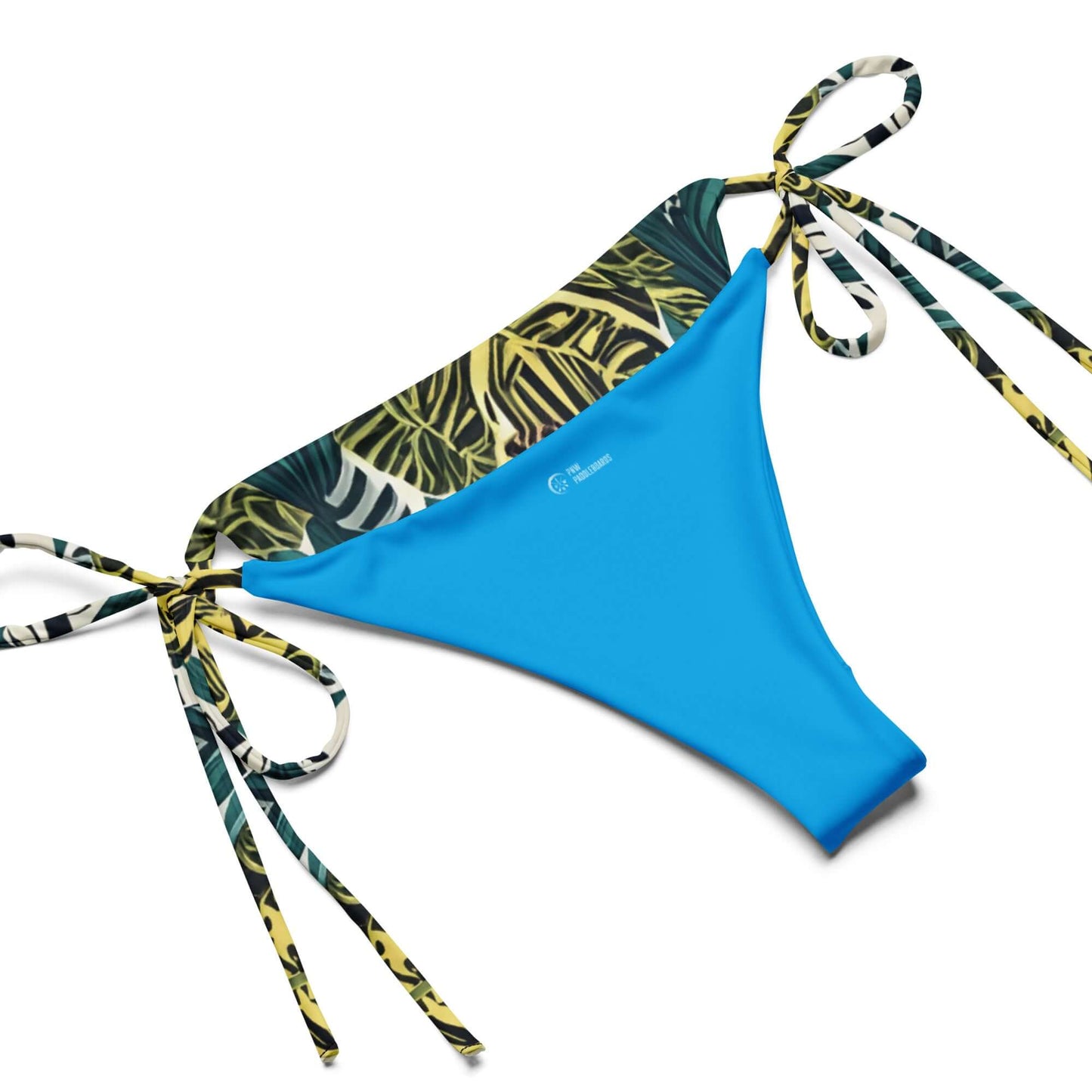 Psychedelic recycled string bikini bottom in vibrant blue and tropical print with adjustable ties.