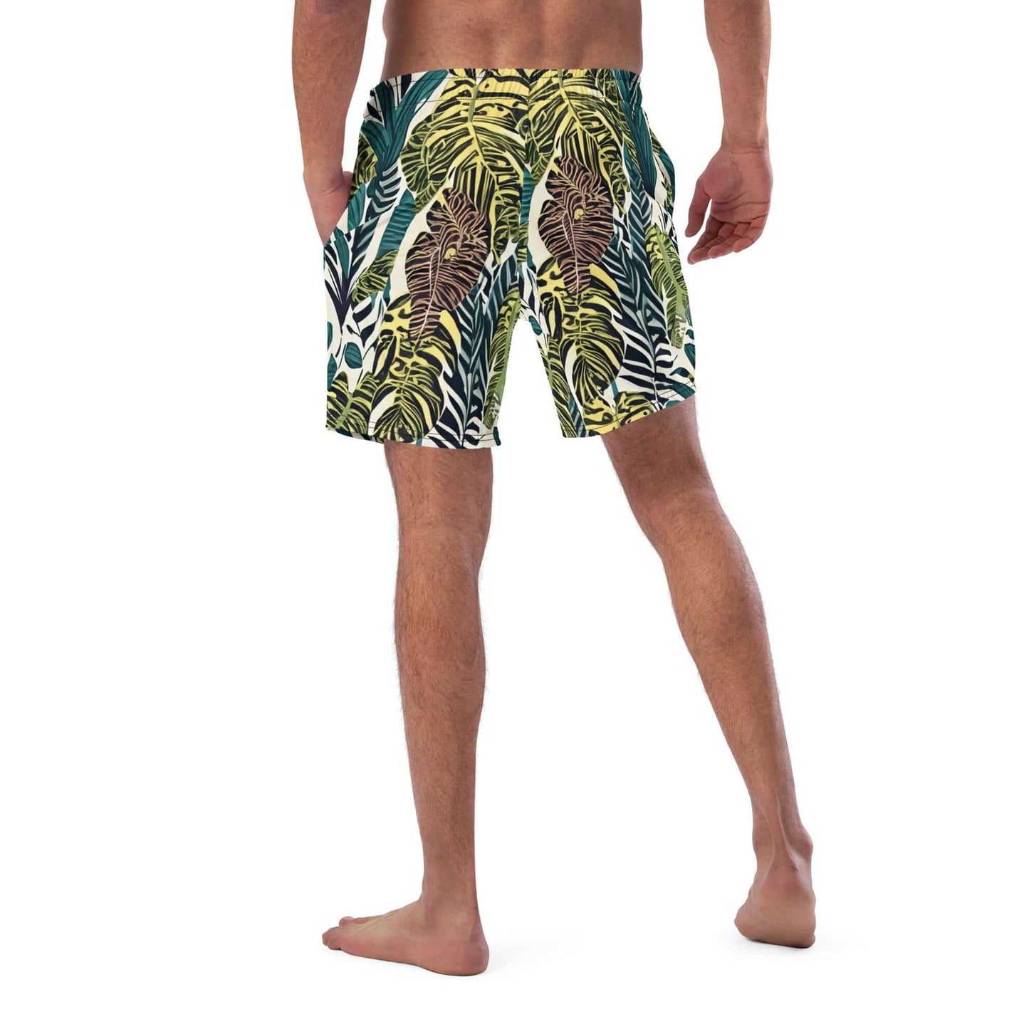 Men's psychedelic recycled swim trunks featuring vibrant green and yellow foliage pattern, perfect for summer fun.