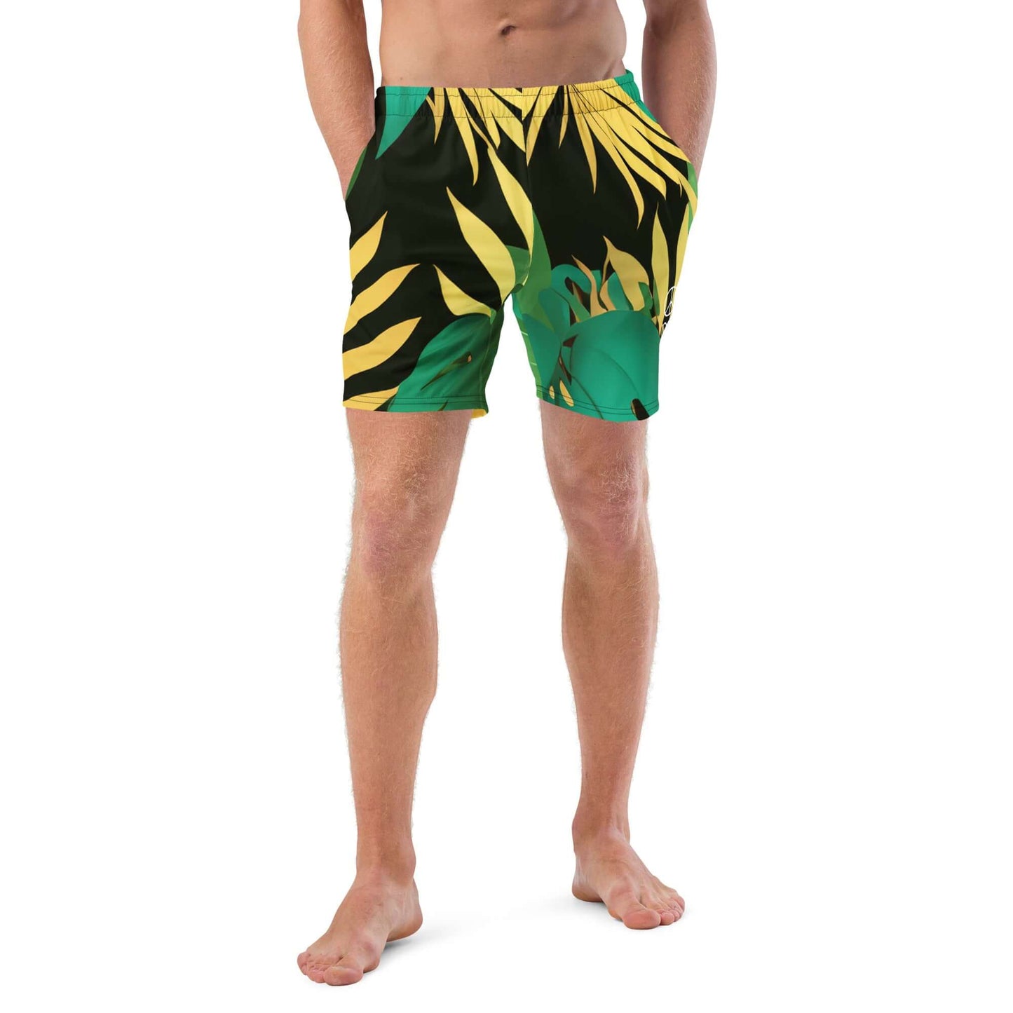 Men's tropical camo swim trunks, quick-drying and breathable with vibrant green and yellow leaf patterns.
