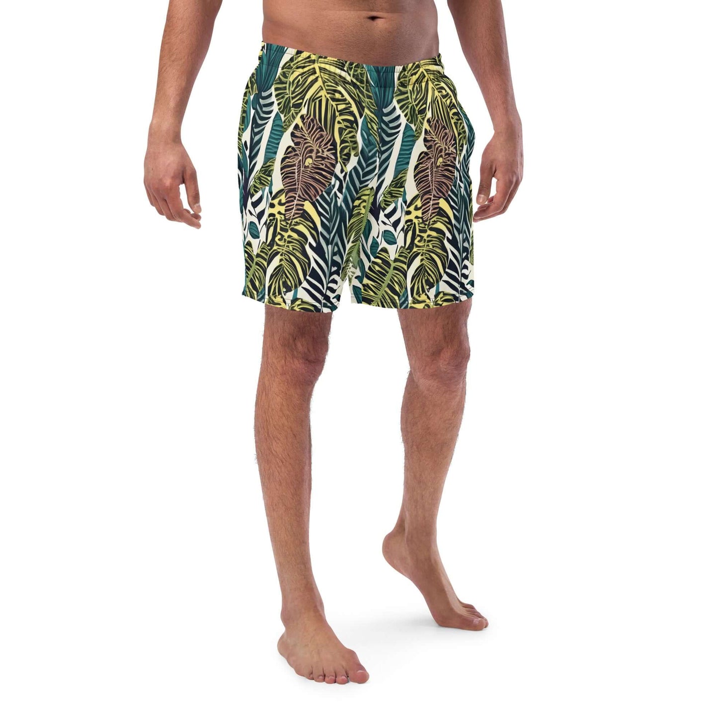 Psychedelic recycled swim trunks featuring vibrant leaf patterns, perfect for summer adventures.
