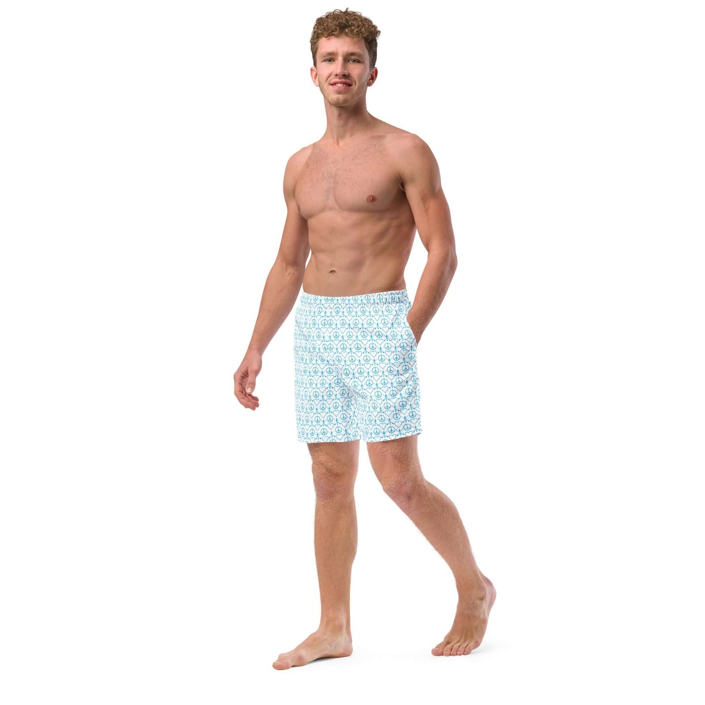 Man wearing Recycled Peace Love Paddleboard Swim Trunks in white, perfect for summer fun and quick-drying adventures.