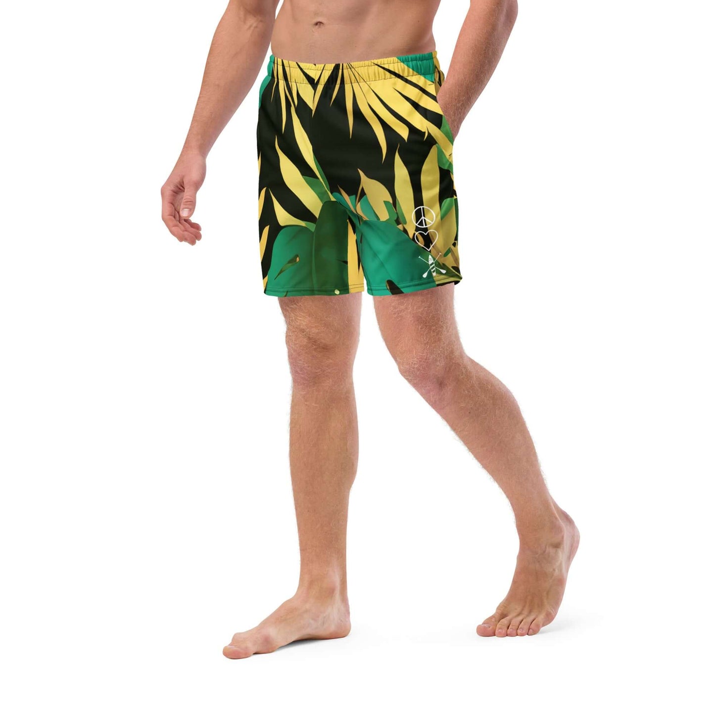 Men's tropical camo swim trunks with a colorful leaf design, perfect for summer days.