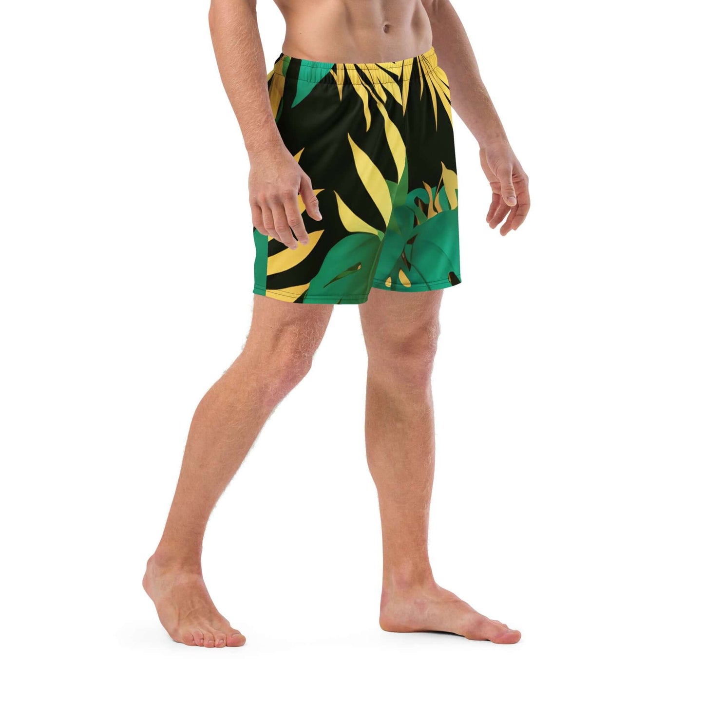 Men's tropical camo swim trunks with vibrant foliage pattern, perfect for summer fun!