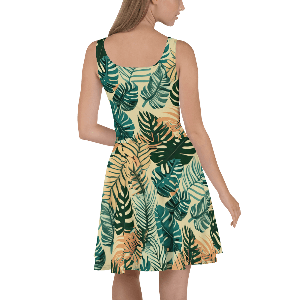 Back view of PNW Tropical Camo Skater Dress with vibrant leaf patterns and flared skirt for a stylish look.