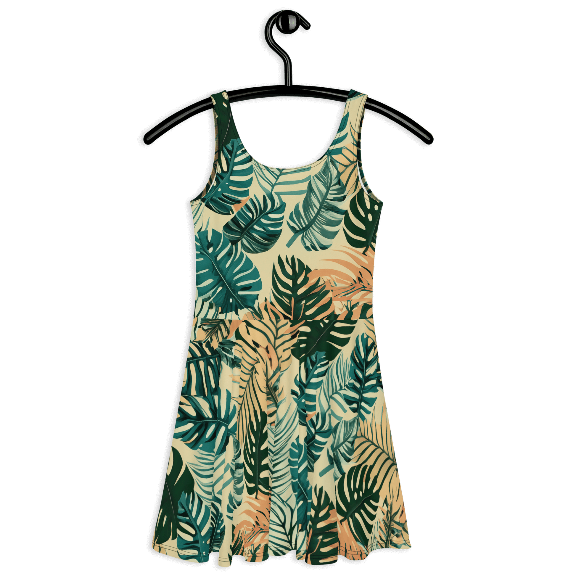 Sleeveless PNW Tropical Camo skater dress with vibrant leaf pattern, perfect for summer outings and casual chic looks.