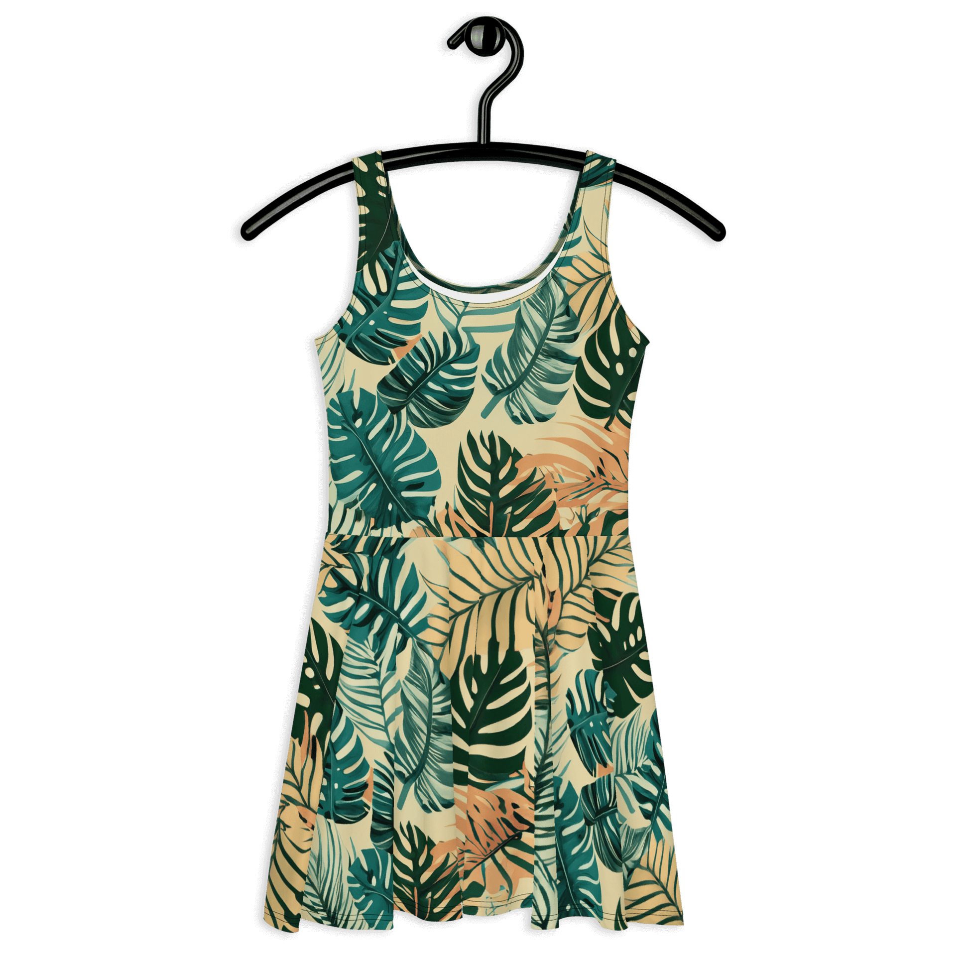 Sleeveless PNW Tropical Camo skater dress with vibrant leaf pattern, perfect for summer fun and stylish outings.