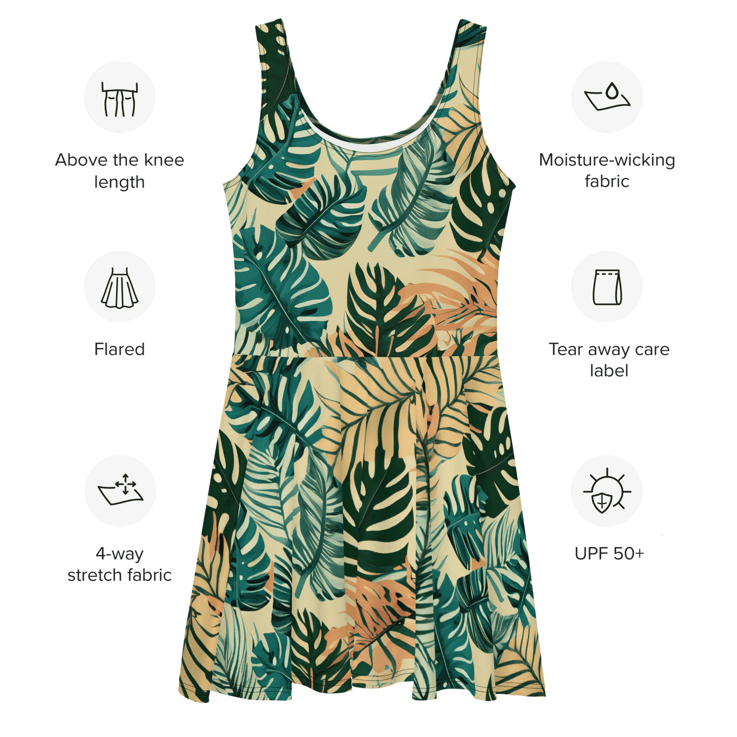 PNW Tropical Camo Skater Dress featuring sleeveless design and flared skirt with vibrant leaf pattern.