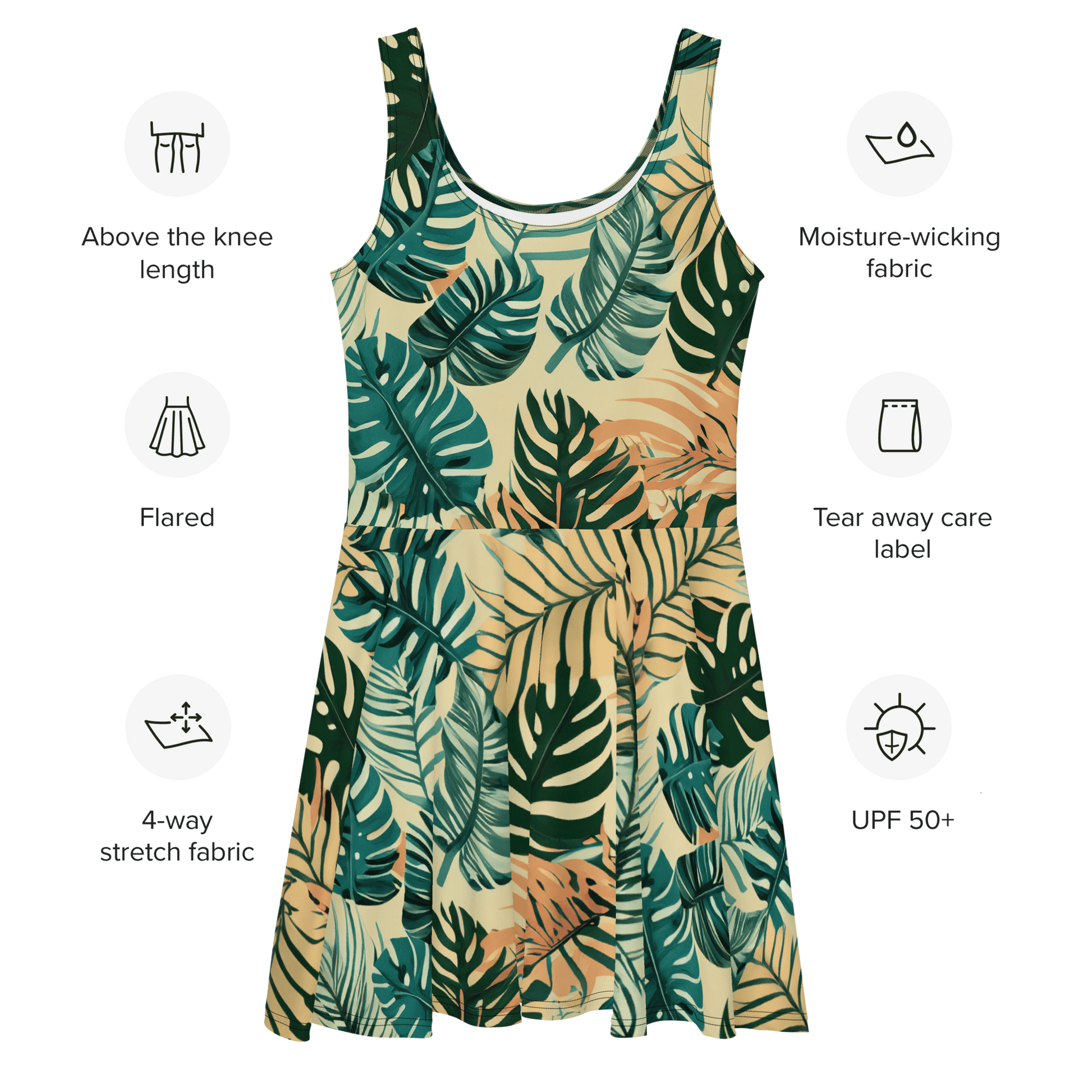 PNW Tropical Camo Skater Dress featuring sleeveless design and flared skirt with vibrant leaf pattern.