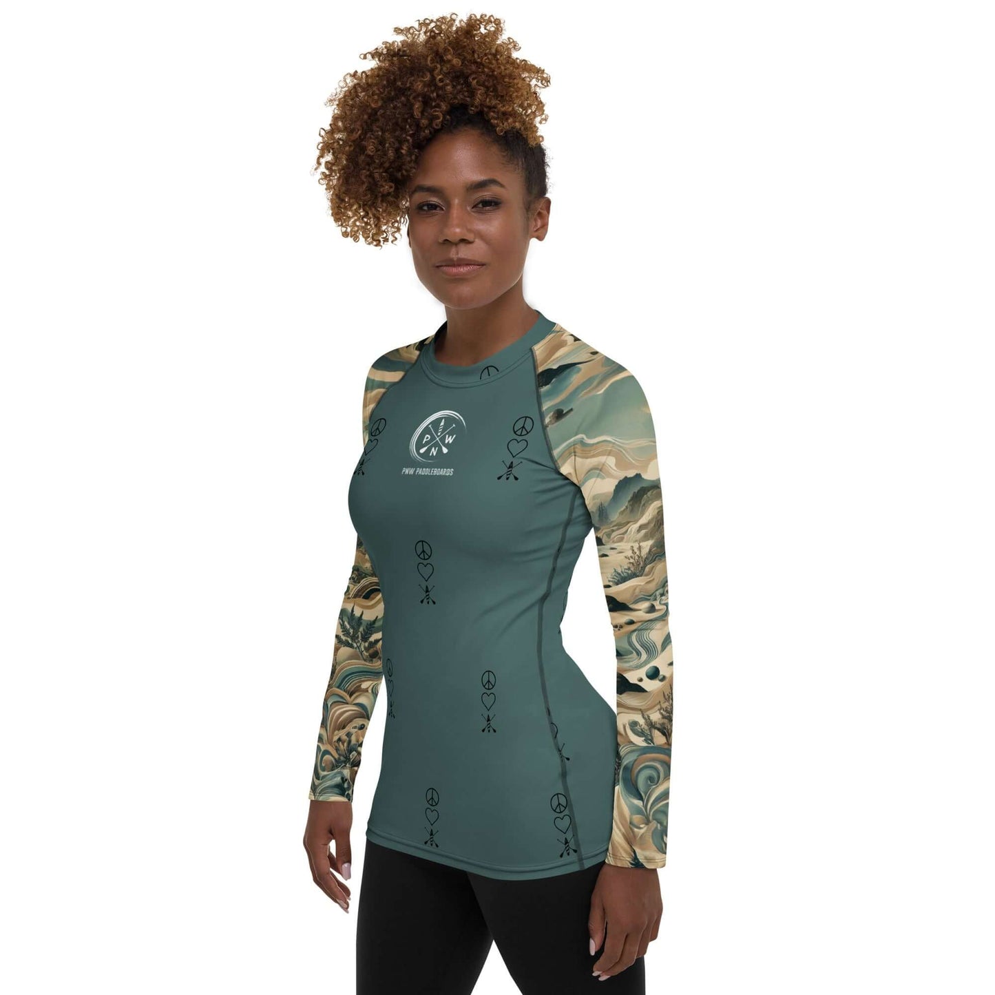 Model wearing Women's PNW Pattern Peace Love Paddleboard Rash Guard, perfect for active outdoor sports.