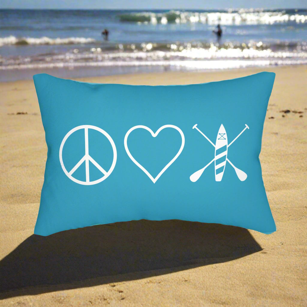 Turquoise Peace Love Paddleboard Lumbar Pillow