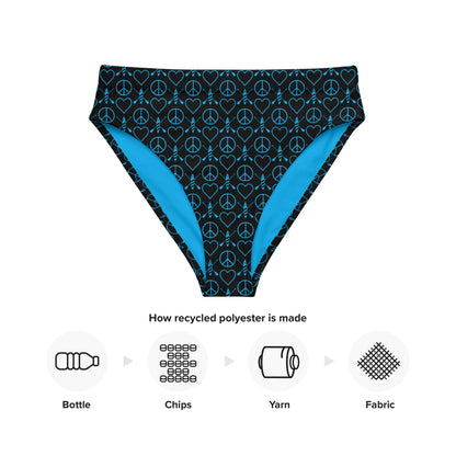 Black high-waisted bikini bottom featuring peace and heart patterns with blue lining, made from recycled materials.