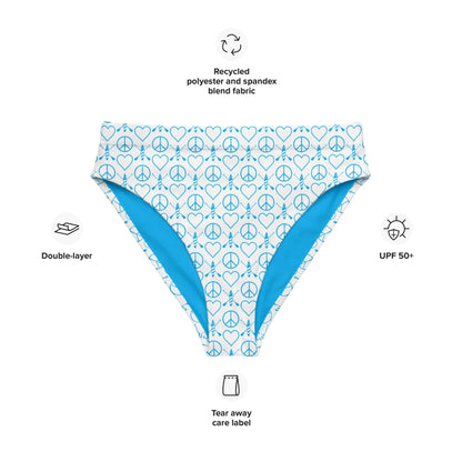 Recycled high-waisted bikini bottom featuring peace symbol print, double-layer, and UPF 50+ protection.