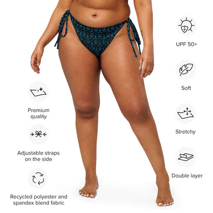 Black recycled string bikini bottom with adjustable straps, soft and stretchy fabric, featuring UPF 50+, perfect for sunbathing.